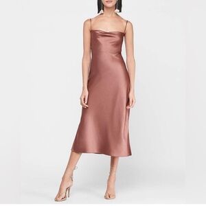 Express satin cowl neck midi dress in rose color
